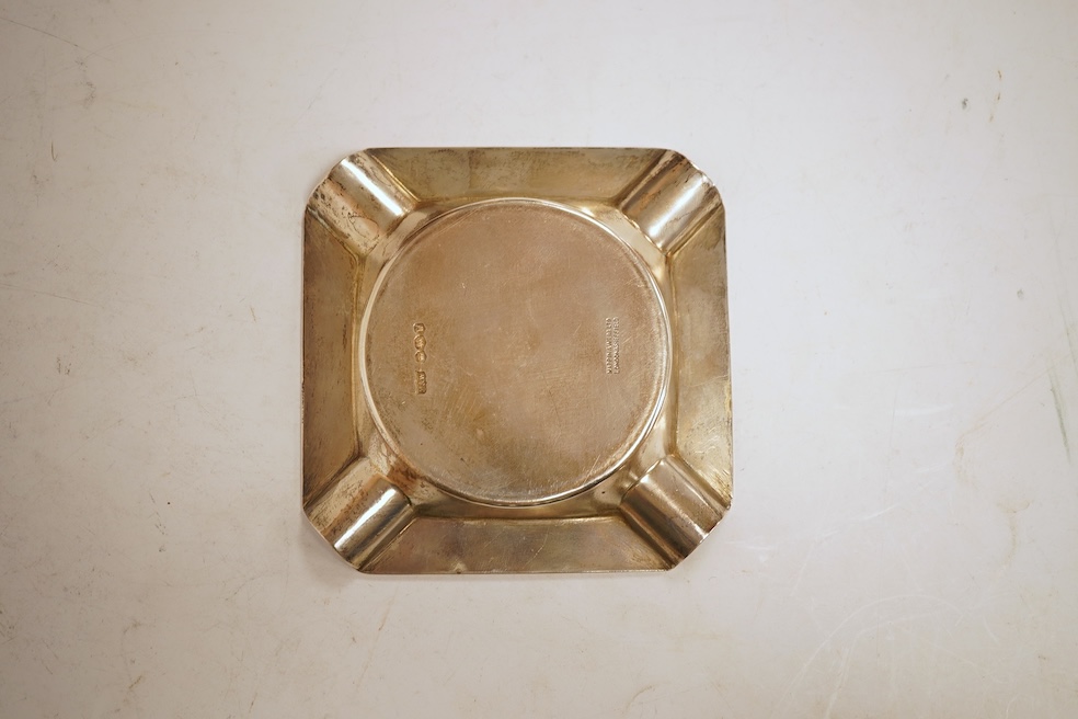 A heavy square engine-turned silver ashtray, by Mappin & Webb, Sheffield, 1964, 99mm, 6oz.